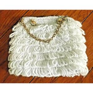 Vintage White Yarn with Gold-tone Hardware Handbag Purse Snap Closure